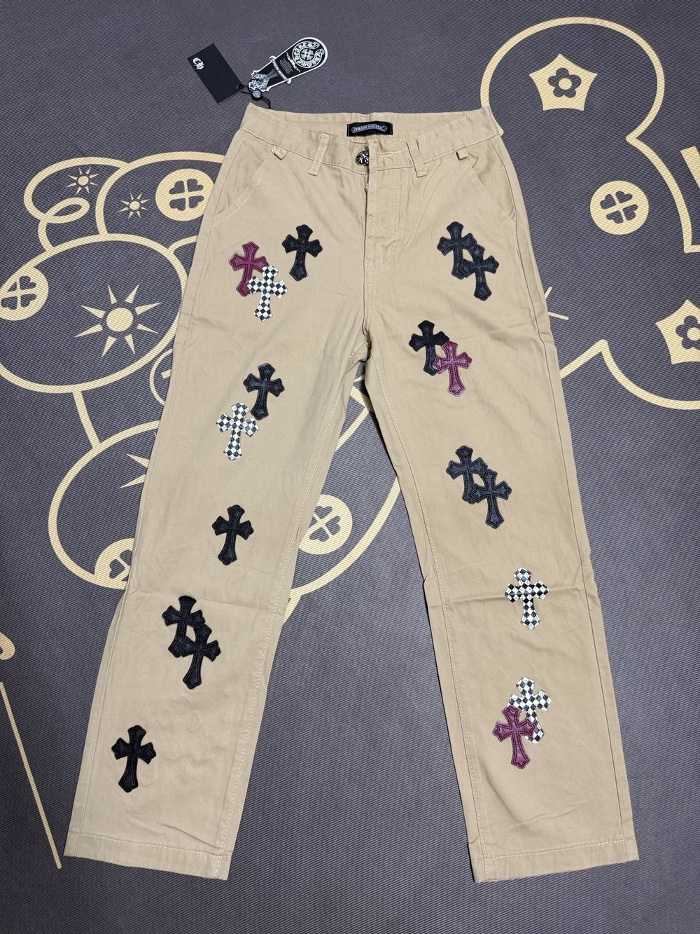 Chrome Hearts Iconic Tan Casual Pants with Multicolor Cross Patches